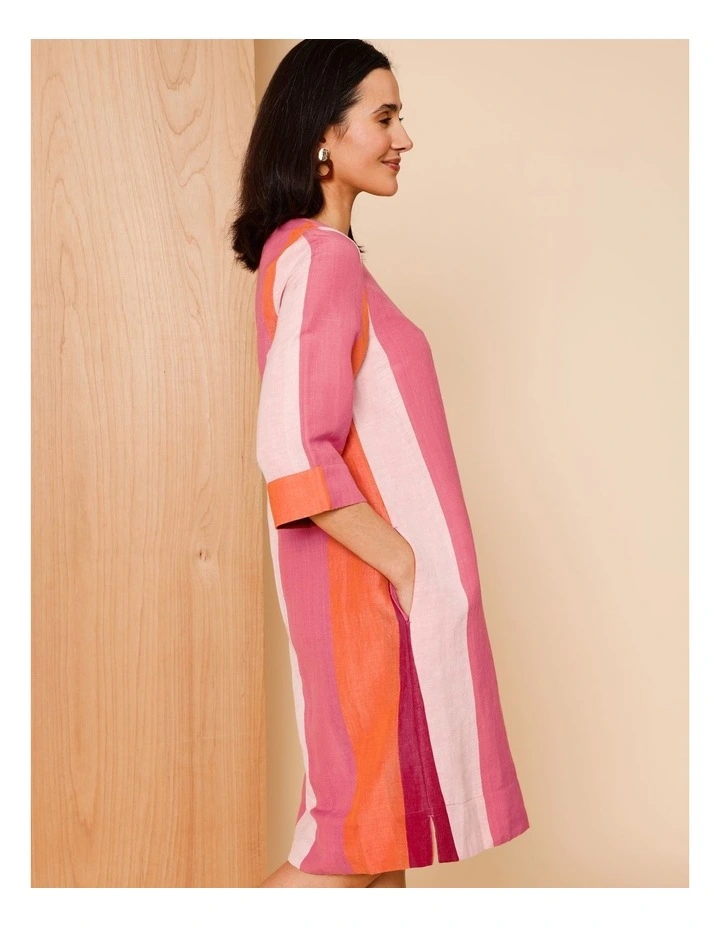 3/4 Sleeve Dress With Cuff And Pockets In Pinks/Burgundy Wide Stripe image 6