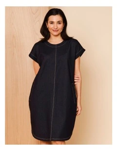 Tee Dress With Pockets Curved Hem In Knit Denim Look Jersey