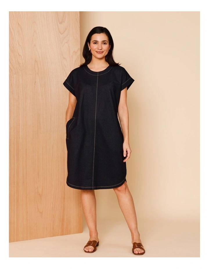 Tee Dress With Pockets Curved Hem In Knit Denim Look Jersey image 2