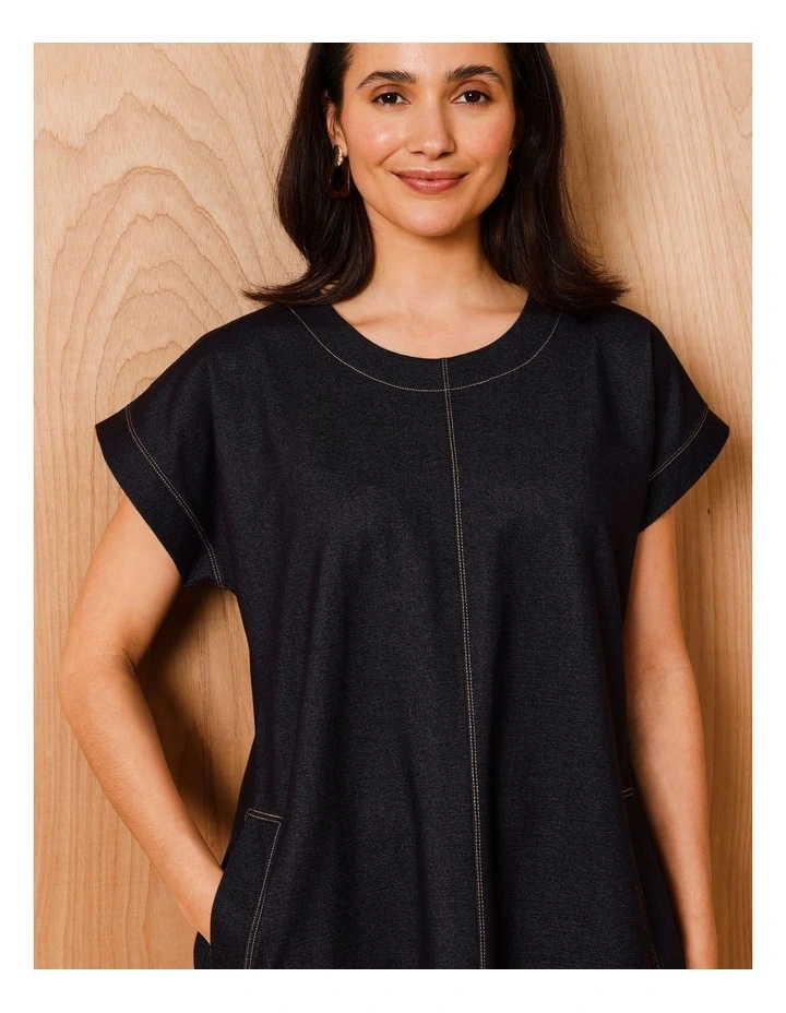 Tee Dress With Pockets Curved Hem In Knit Denim Look Jersey image 3