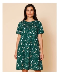 Short Sleeve Spliced Knit Dress With Pockets In Green With Neutral/White Leaf Print