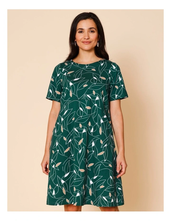 Short Sleeve Spliced Knit Dress With Pockets In Green With Neutral/White Leaf Print image 1