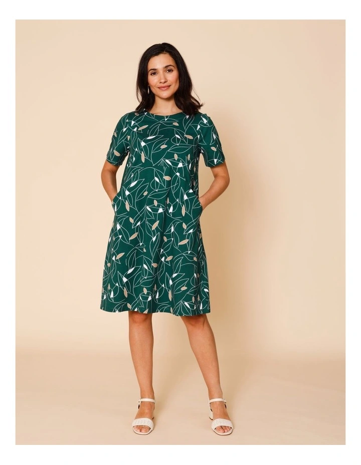 Short Sleeve Spliced Knit Dress With Pockets In Green With Neutral/White Leaf Print image 2