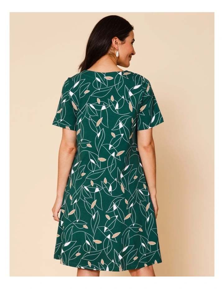 Short Sleeve Spliced Knit Dress With Pockets In Green With Neutral/White Leaf Print image 5