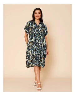 Short Sleeve Shirt Dress With Yoke In Navy Ground Tropical Floral