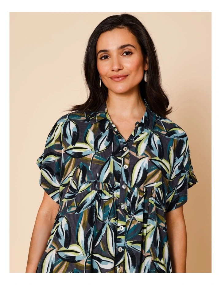 Short Sleeve Shirt Dress With Yoke In Navy Ground Tropical Floral image 2