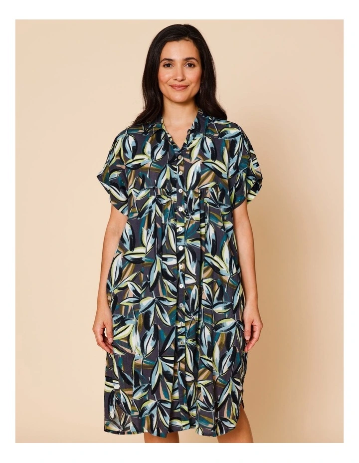 Short Sleeve Shirt Dress With Yoke In Navy Ground Tropical Floral image 3
