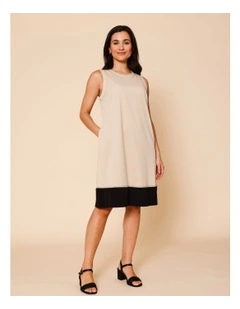 Sleeveless Knit Dress With Contrast Hem And Pockets In Neutral/Black