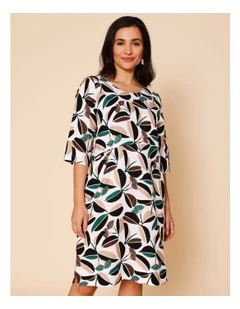 3/4 Sleeve Dress With Angled Bodice And Pocket In White/Green/Black & Neutral Gum Print