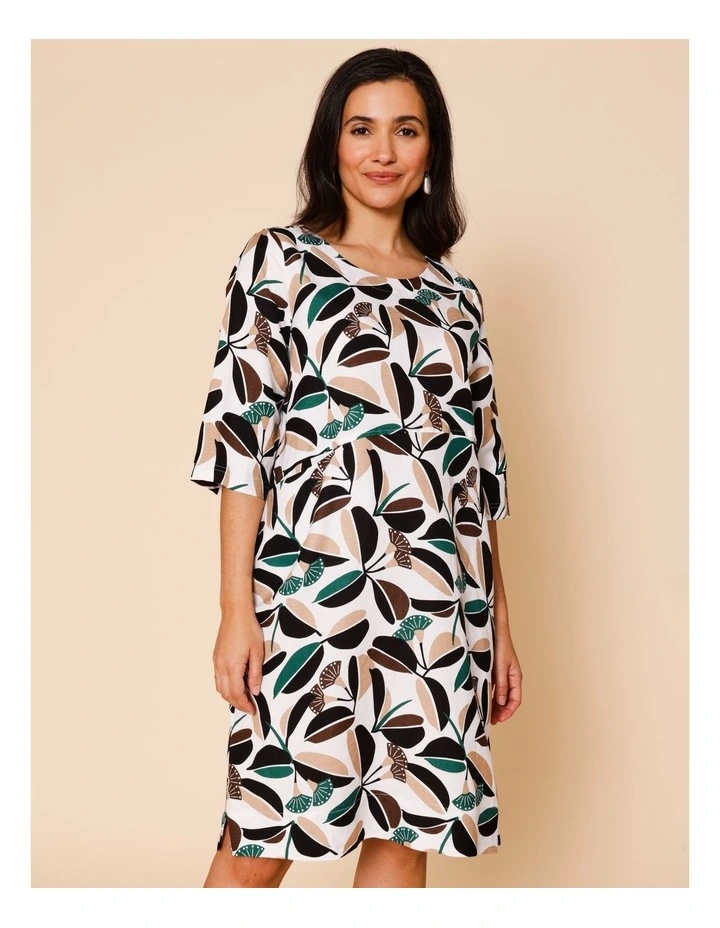 3/4 Sleeve Dress With Angled Bodice And Pocket In White/Green/Black & Neutral Gum Print image 1