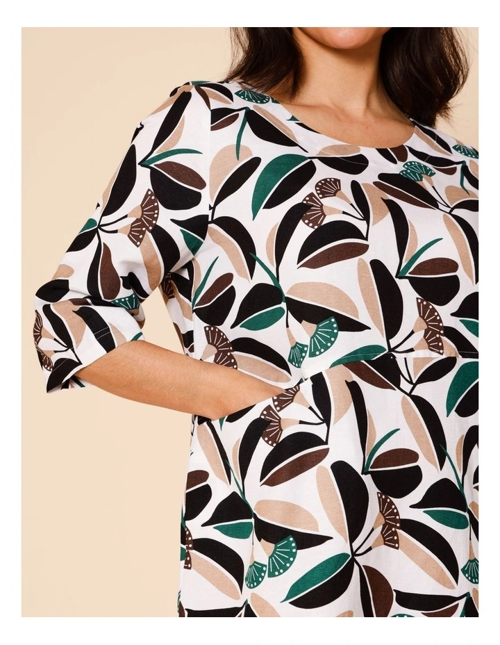 3/4 Sleeve Dress With Angled Bodice And Pocket In White/Green/Black & Neutral Gum Print image 2