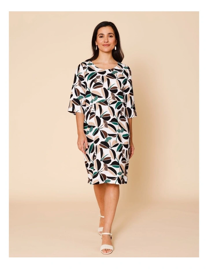 3/4 Sleeve Dress With Angled Bodice And Pocket In White/Green/Black & Neutral Gum Print image 3