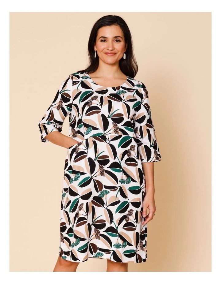 3/4 Sleeve Dress With Angled Bodice And Pocket In White/Green/Black & Neutral Gum Print image 4