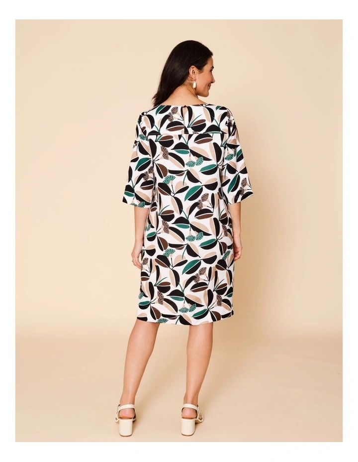 3/4 Sleeve Dress With Angled Bodice And Pocket In White/Green/Black & Neutral Gum Print image 5