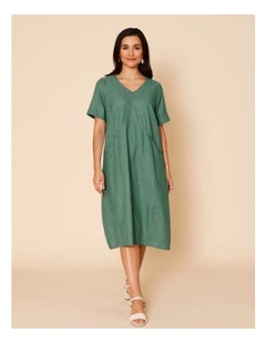 Short Sleeve Dress With Shaped Waist And Pockets In Green