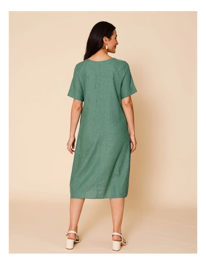 Short Sleeve Dress With Shaped Waist And Pockets In Green image 5