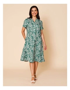 Short Sleeve Stand Neck Dress With Princess Seams In Greens Floral