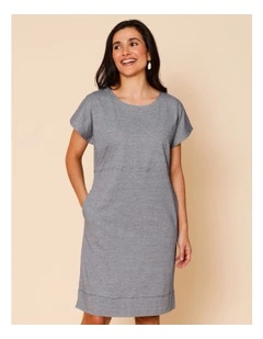 Short Sleeve Knit Dress With Curved Waist Seam In Navy/White Ticking Stripe