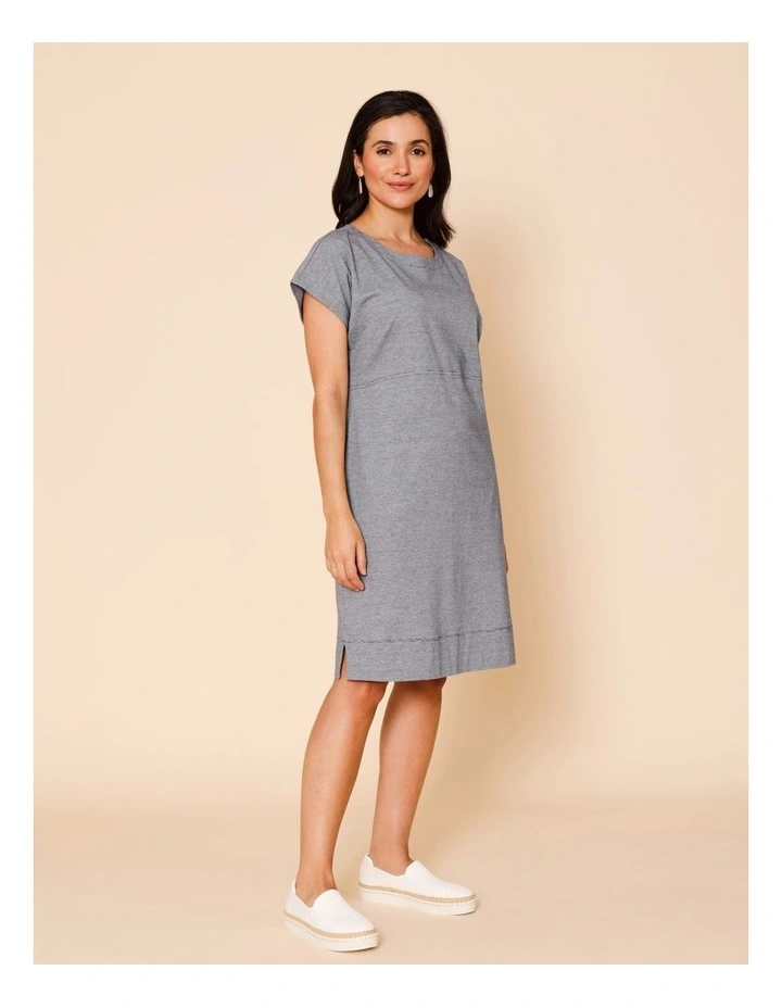 Short Sleeve Knit Dress With Curved Waist Seam In Navy/White Ticking Stripe image 2