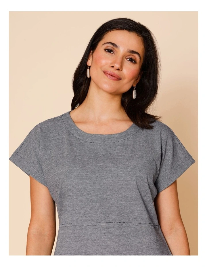 Short Sleeve Knit Dress With Curved Waist Seam In Navy/White Ticking Stripe image 3