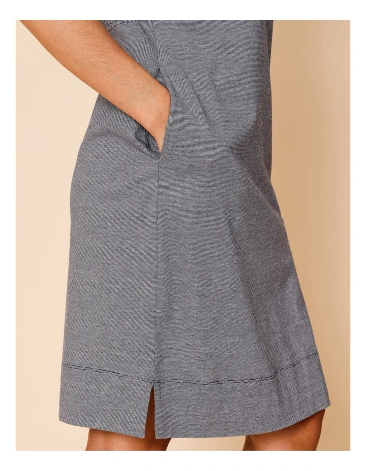 Short Sleeve Knit Dress With Curved Waist Seam In Navy/White Ticking Stripe image 4
