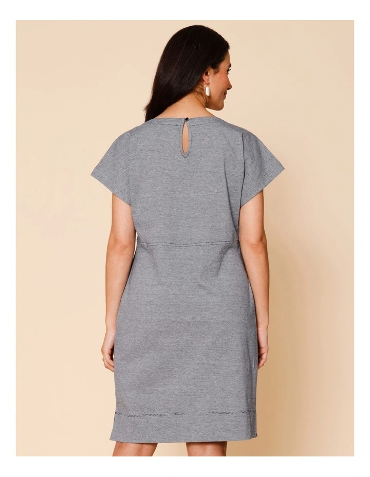 Short Sleeve Knit Dress With Curved Waist Seam In Navy/White Ticking Stripe image 5