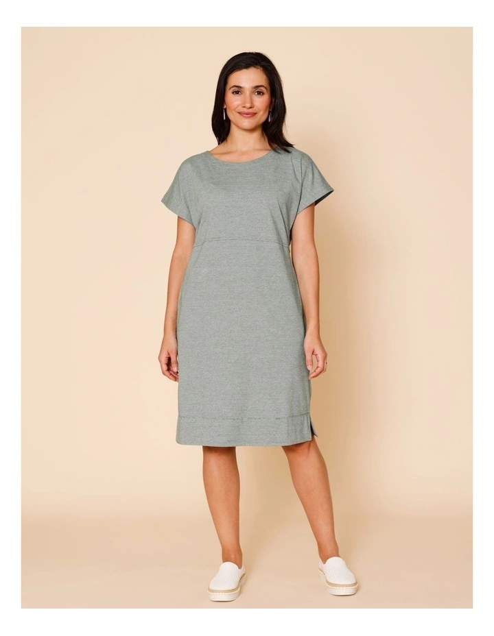 Short Sleeve Knit Dress With Curved Waist Seam In Navy/White Ticking Stripe image 1