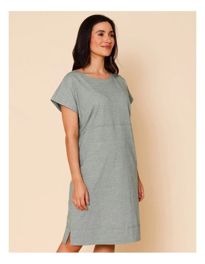 Short Sleeve Knit Dress With Curved Waist Seam In Navy/White Ticking Stripe image 2