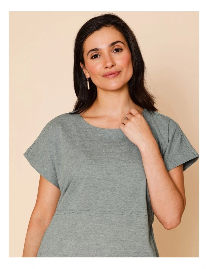 Short Sleeve Knit Dress With Curved Waist Seam In Navy/White Ticking Stripe image 3