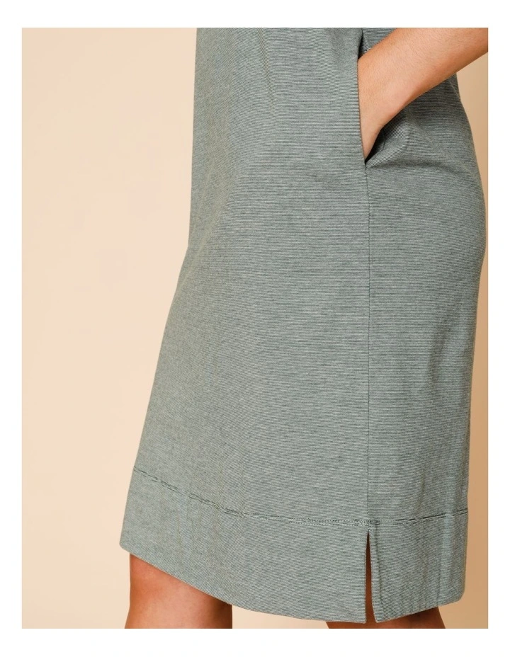 Short Sleeve Knit Dress With Curved Waist Seam In Navy/White Ticking Stripe image 4