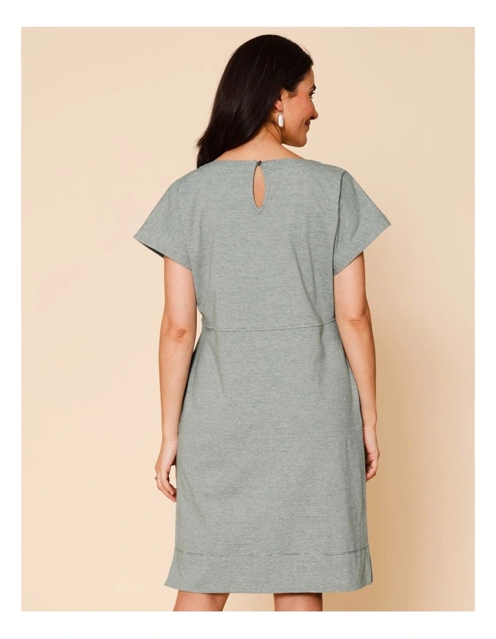 Short Sleeve Knit Dress With Curved Waist Seam In Navy/White Ticking Stripe image 5