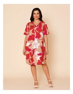 Notch Neck Short Sleeve Dress With Front Pleat And Pockets In Neutral/ White/ Red/ Pink Large Abstract Floral