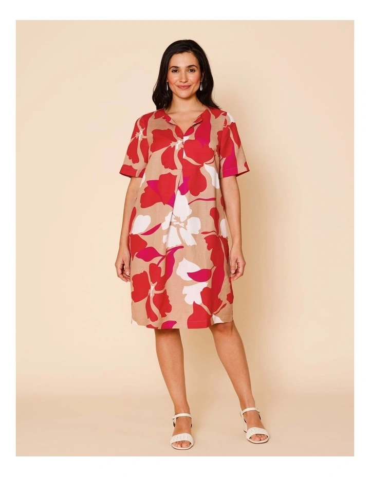 Notch Neck Short Sleeve Dress With Front Pleat And Pockets In Neutral/ White/ Red/ Pink Large Abstract Floral image 1