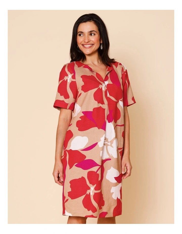 Notch Neck Short Sleeve Dress With Front Pleat And Pockets In Neutral/ White/ Red/ Pink Large Abstract Floral image 2