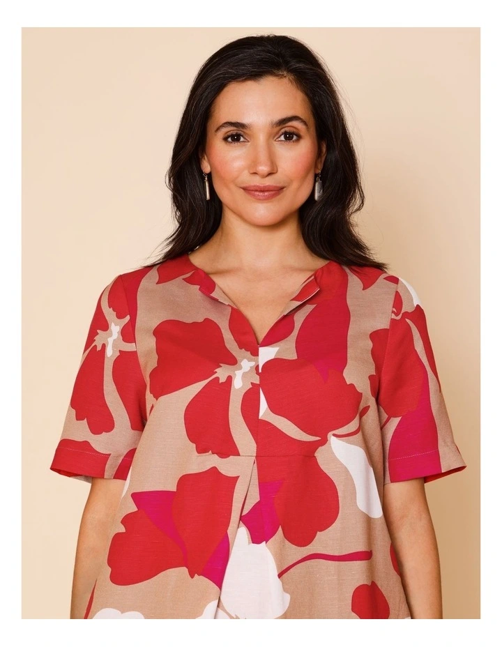 Notch Neck Short Sleeve Dress With Front Pleat And Pockets In Neutral/ White/ Red/ Pink Large Abstract Floral image 3