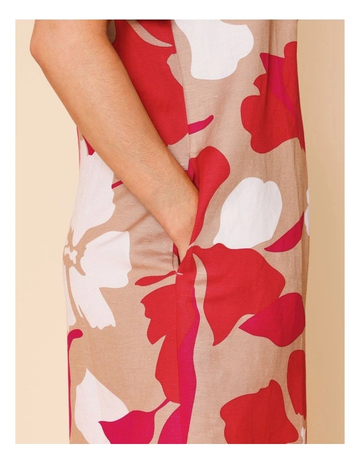 Notch Neck Short Sleeve Dress With Front Pleat And Pockets In Neutral/ White/ Red/ Pink Large Abstract Floral image 4