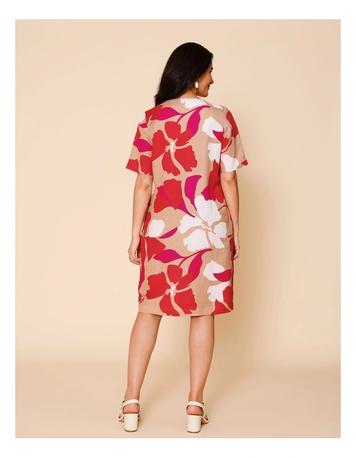 Notch Neck Short Sleeve Dress With Front Pleat And Pockets In Neutral/ White/ Red/ Pink Large Abstract Floral image 5