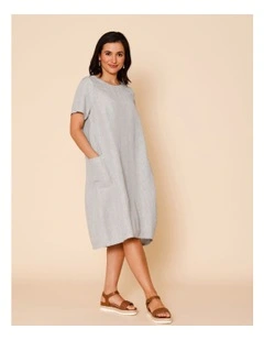 Short Sleeve Tulip Dress With Side Pockets In Blue/White Stripe