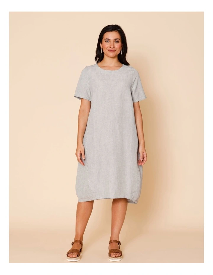 Short Sleeve Tulip Dress With Side Pockets In Blue/White Stripe image 2