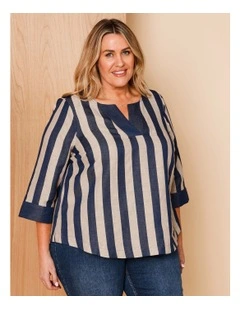 V Neck 3/4 Sleeve Top With Contrast Neck & Cuff In Navy/neutral Vertical Stripe