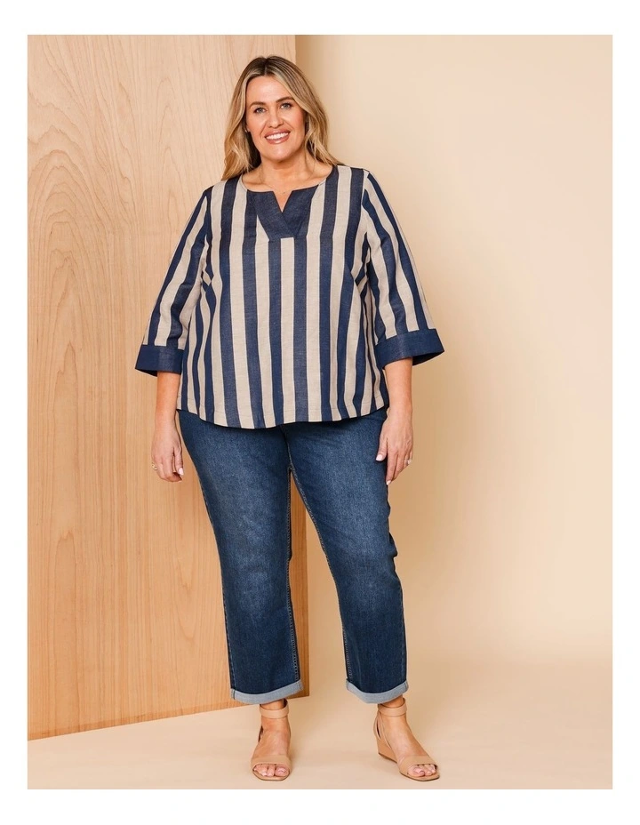 V Neck 3/4 Sleeve Top With Contrast Neck & Cuff In Navy/neutral Vertical Stripe image 2