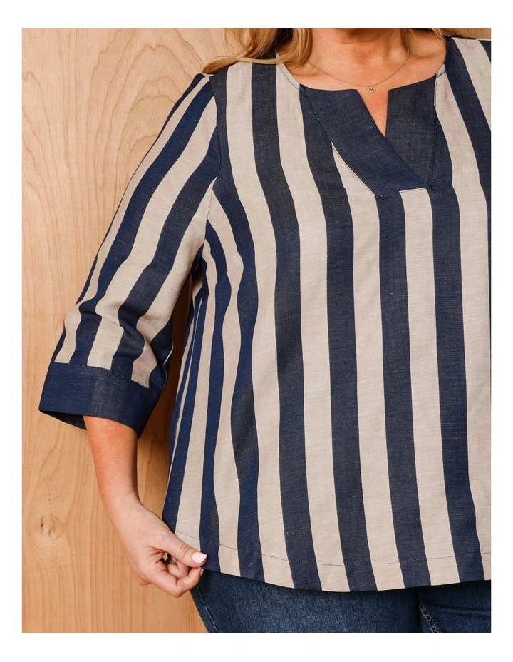 V Neck 3/4 Sleeve Top With Contrast Neck & Cuff In Navy/neutral Vertical Stripe image 3