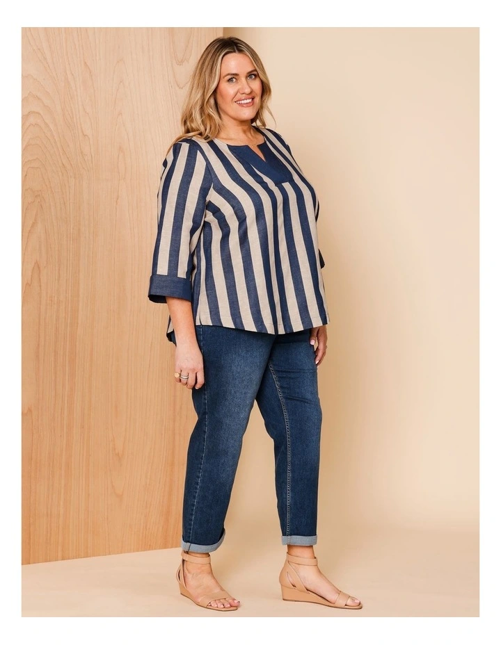 V Neck 3/4 Sleeve Top With Contrast Neck & Cuff In Navy/neutral Vertical Stripe image 4