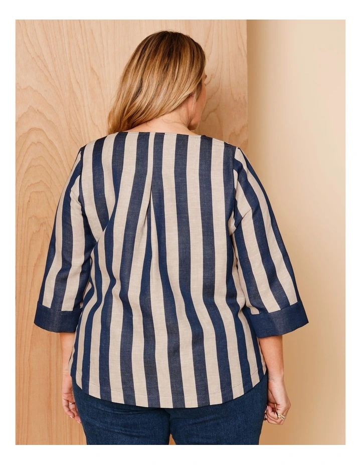 V Neck 3/4 Sleeve Top With Contrast Neck & Cuff In Navy/neutral Vertical Stripe image 5