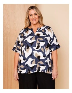 Short Sleeve Curved Hem Top With Notch Neck In Navy/Neutral/Ivory Oversized Abstract Floral