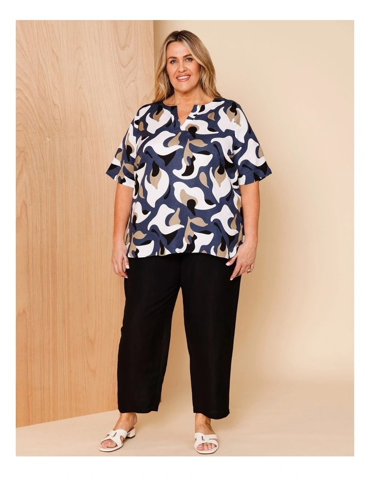 Short Sleeve Curved Hem Top With Notch Neck In Navy/Neutral/Ivory Oversized Abstract Floral image 2
