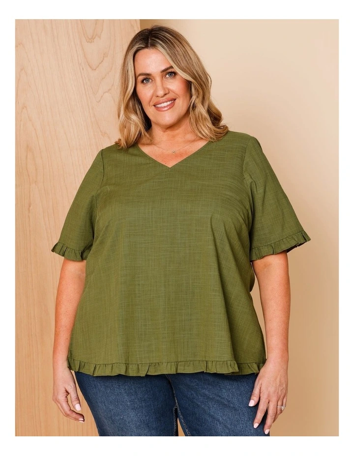 Short Frill Sleeve And Hem Top With V Neck In Hedge image 1