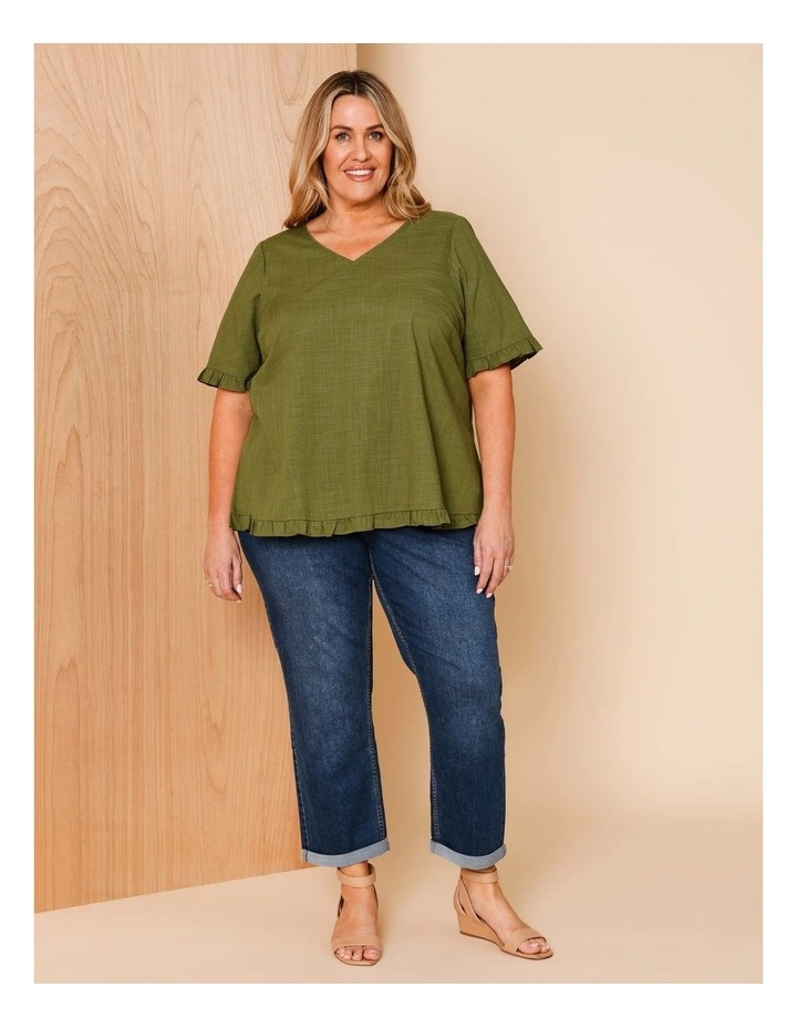 Short Frill Sleeve And Hem Top With V Neck In Hedge image 2