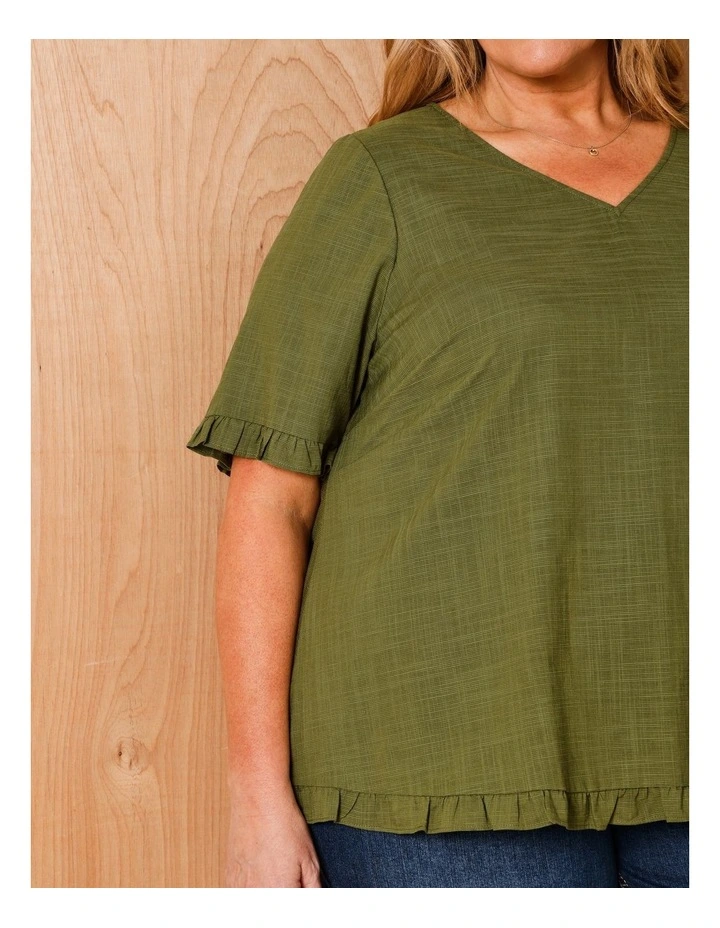 Short Frill Sleeve And Hem Top With V Neck In Hedge image 4