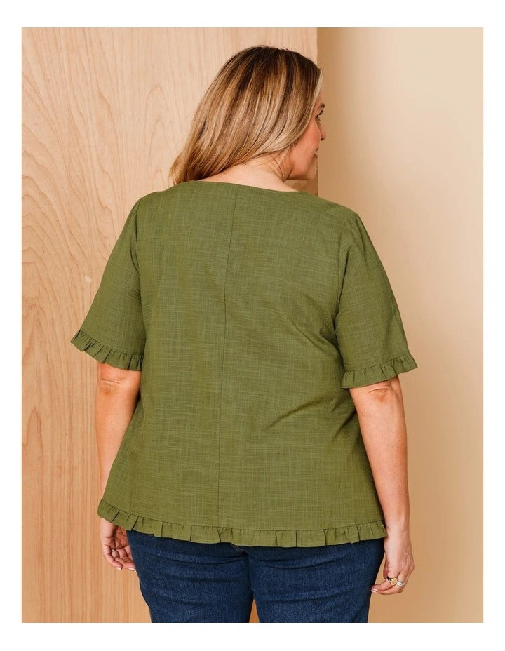 Short Frill Sleeve And Hem Top With V Neck In Hedge image 5